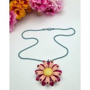 Retro Flower Pendant Necklace Pink Rhinestone Daisy Blue Ball Chain 18 in